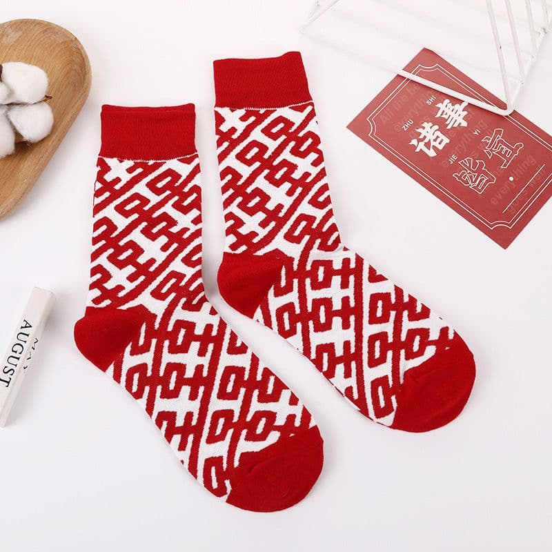 image-Autumn And Winter Big Red Double Happy Character Printed Stockings