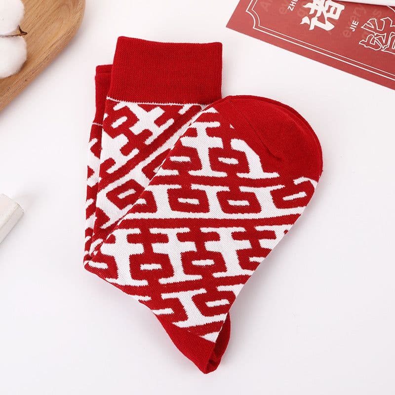 image-Autumn And Winter Big Red Double Happy Character Printed Stockings