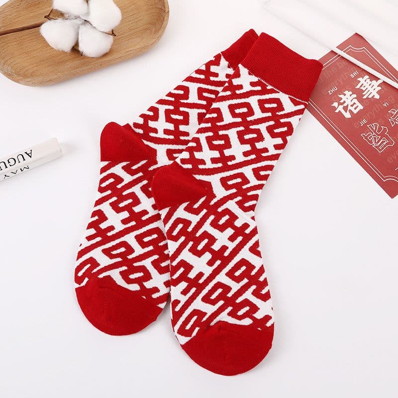 image-Autumn And Winter Big Red Double Happy Character Printed Stockings