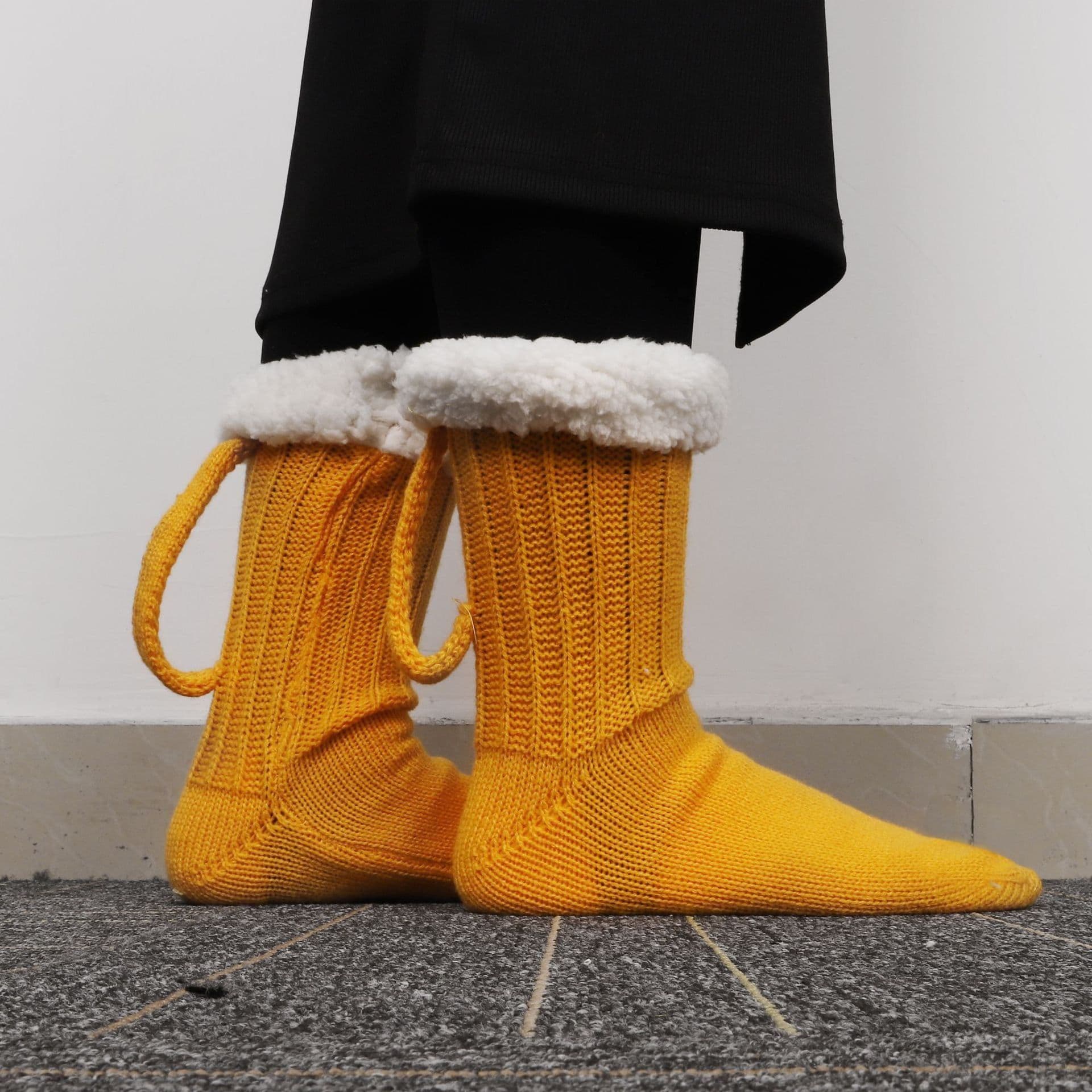image-3D Beer Mug Socks Creative Knitted Yellow Room Socks
