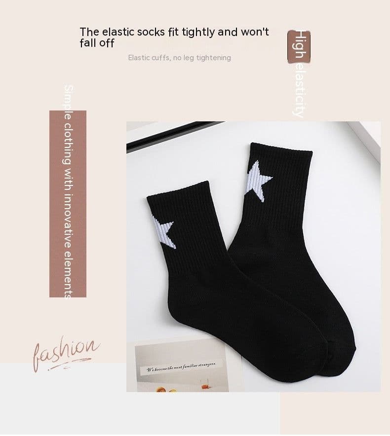image-Black And White Five-pointed Star Tube Socks Breathable Sports Socks