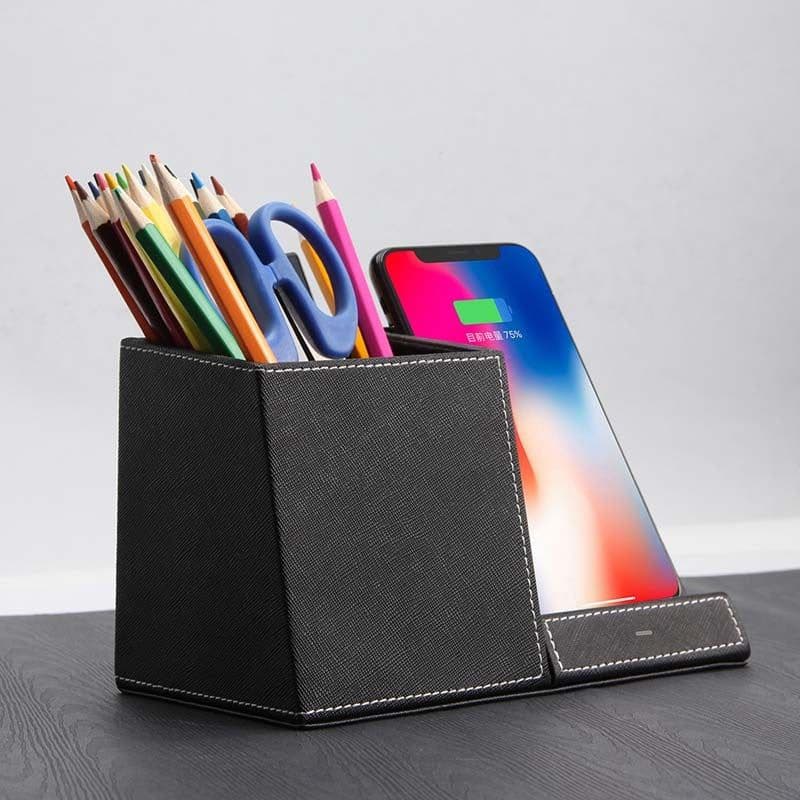 image-Leather Pen Holder Wireless Charger Wireless Phone Charger And Pen Holder Fast Charging Phone