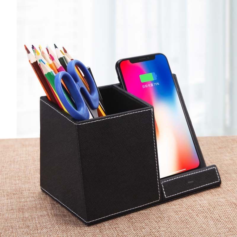 image-Leather Pen Holder Wireless Charger Wireless Phone Charger And Pen Holder Fast Charging Phone