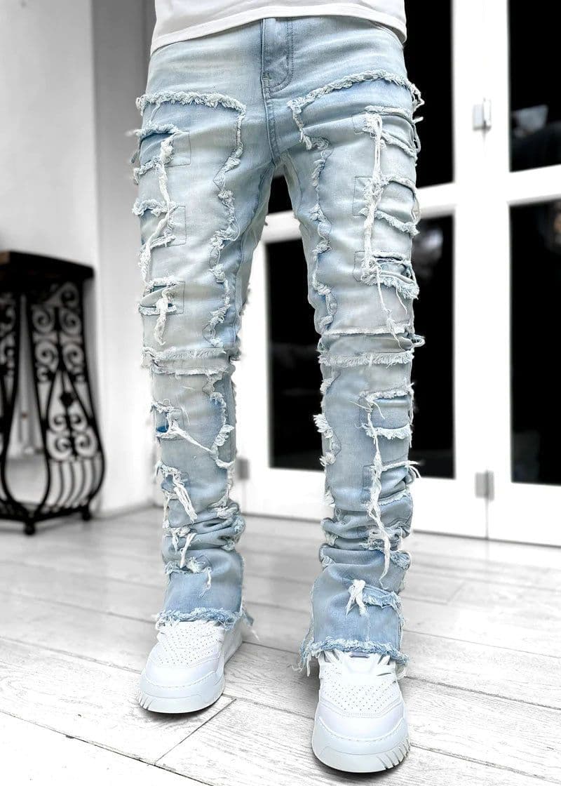 image-Men Trousers Individual Patched Pants Long Tight Fit Stacked Jeans For Mens Clothing