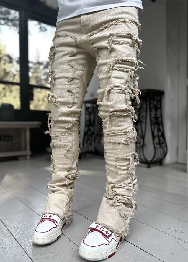 image-Men Trousers Individual Patched Pants Long Tight Fit Stacked Jeans For Mens Clothing