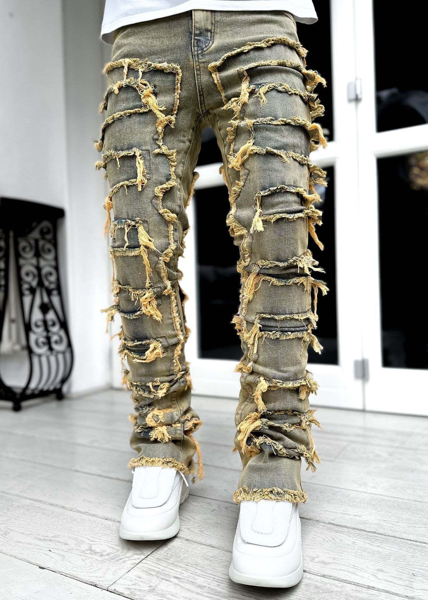 image-Men Trousers Individual Patched Pants Long Tight Fit Stacked Jeans For Mens Clothing