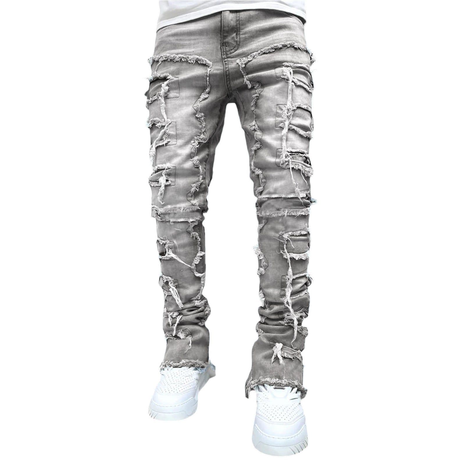 image-Men Trousers Individual Patched Pants Long Tight Fit Stacked Jeans For Mens Clothing