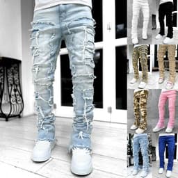 image-Men Trousers Individual Patched Pants Long Tight Fit Stacked Jeans For Mens Clothing