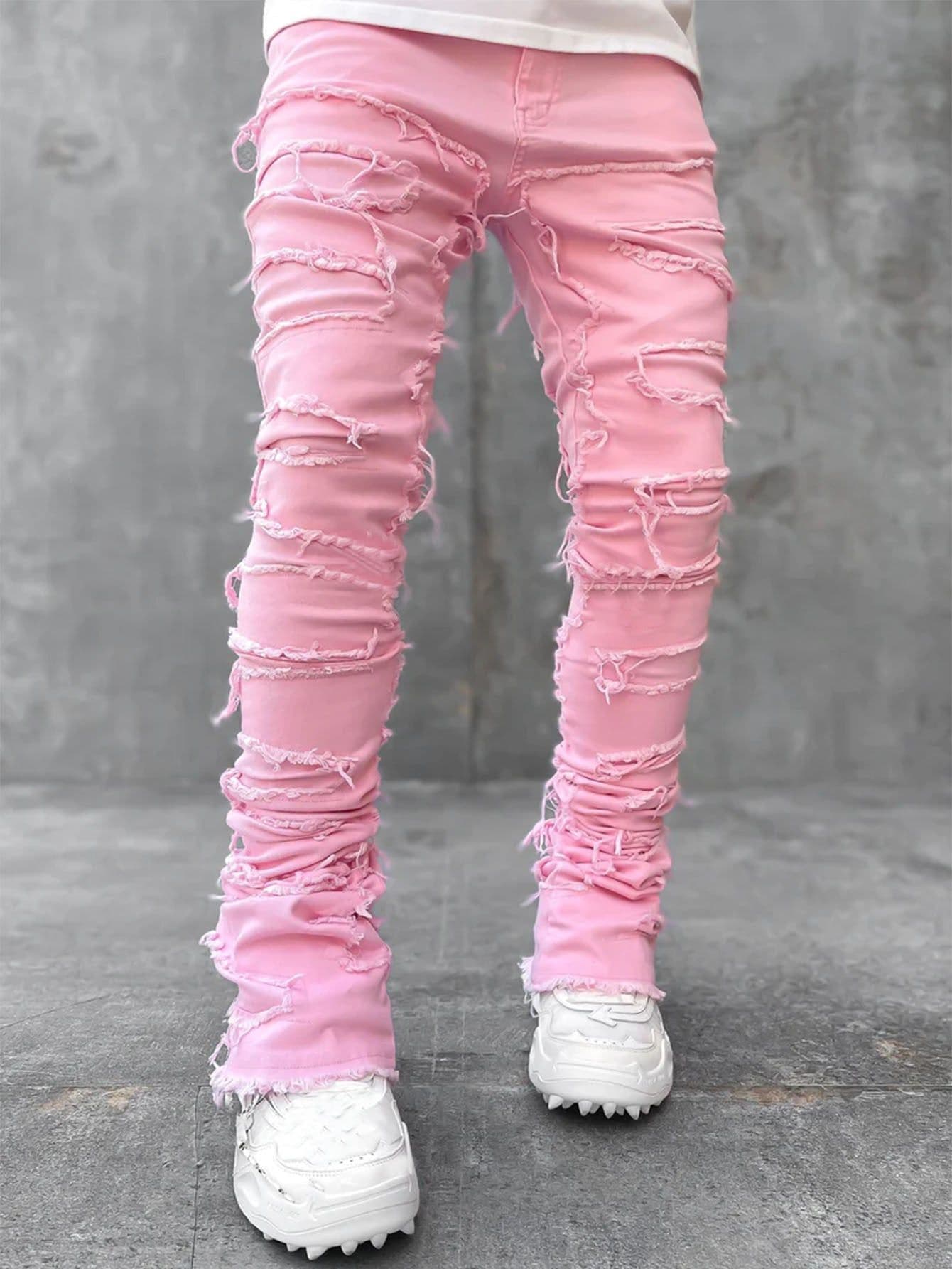 image-Men Trousers Individual Patched Pants Long Tight Fit Stacked Jeans For Mens Clothing