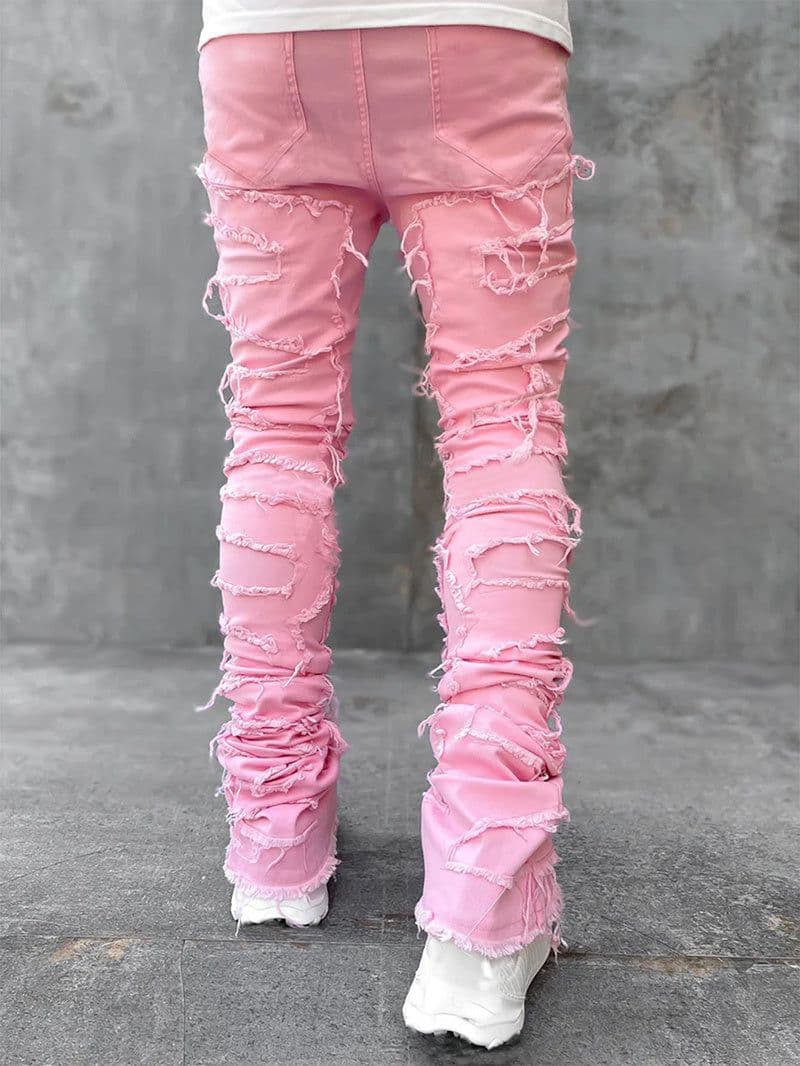 image-Men Trousers Individual Patched Pants Long Tight Fit Stacked Jeans For Mens Clothing