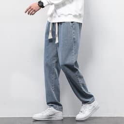 image-Summer Loose Wide Leg Jeans Pants Men Fashion Drawstring Elasticated Straight Trousers