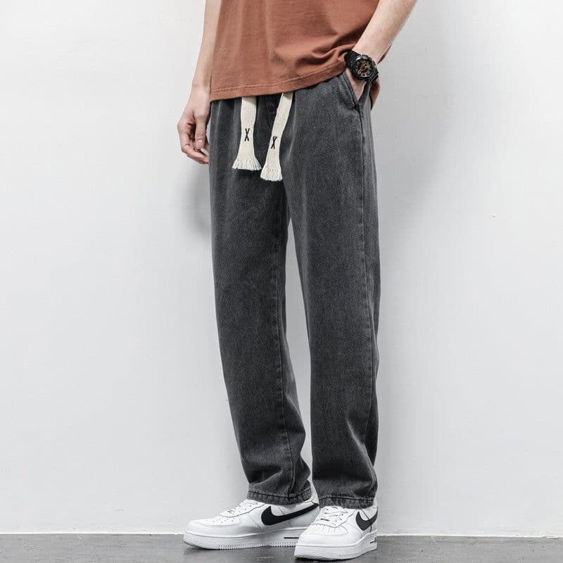 image-Summer Loose Wide Leg Jeans Pants Men Fashion Drawstring Elasticated Straight Trousers