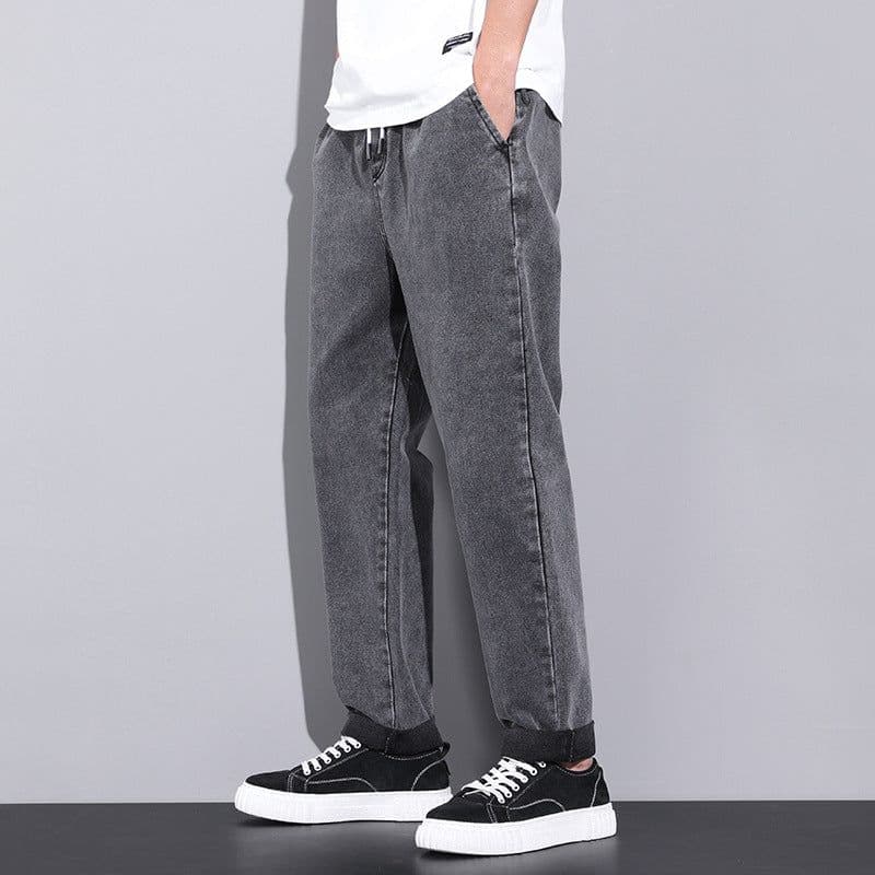 image-Summer Loose Wide Leg Jeans Pants Men Fashion Drawstring Elasticated Straight Trousers