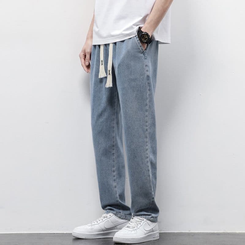 image-Summer Loose Wide Leg Jeans Pants Men Fashion Drawstring Elasticated Straight Trousers