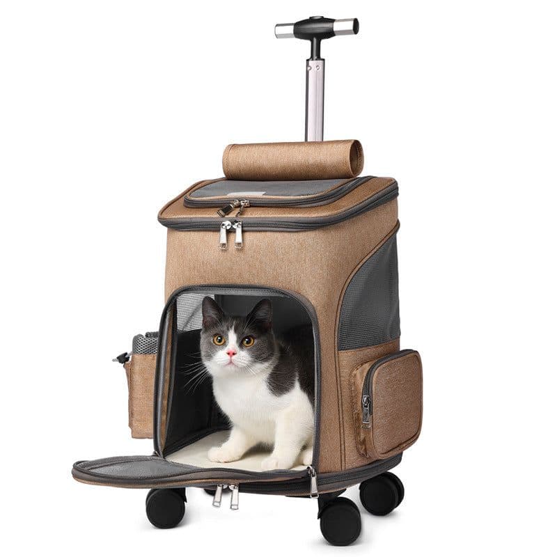 image-Portable Folding Trolley Pet Backpack Traveling Cat Backpack With Universal Wheel Trolley Pet Bag