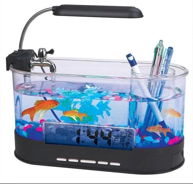 image-USB Desktop Streaming Mini Aquarium Time Date Week Temperature Alarm Transparent Pen Holder
