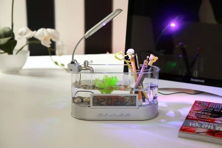 image-USB Desktop Streaming Mini Aquarium Time Date Week Temperature Alarm Transparent Pen Holder