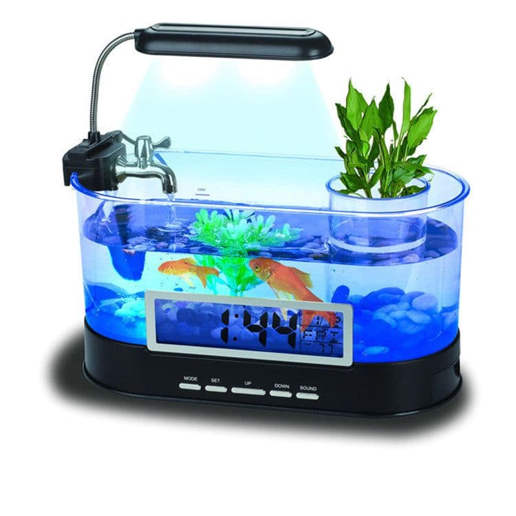 image-USB Desktop Streaming Mini Aquarium Time Date Week Temperature Alarm Transparent Pen Holder