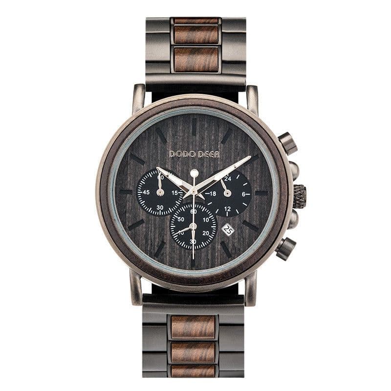 image-Luxury Wood Stainless Steel Men Watch Stylish Wooden