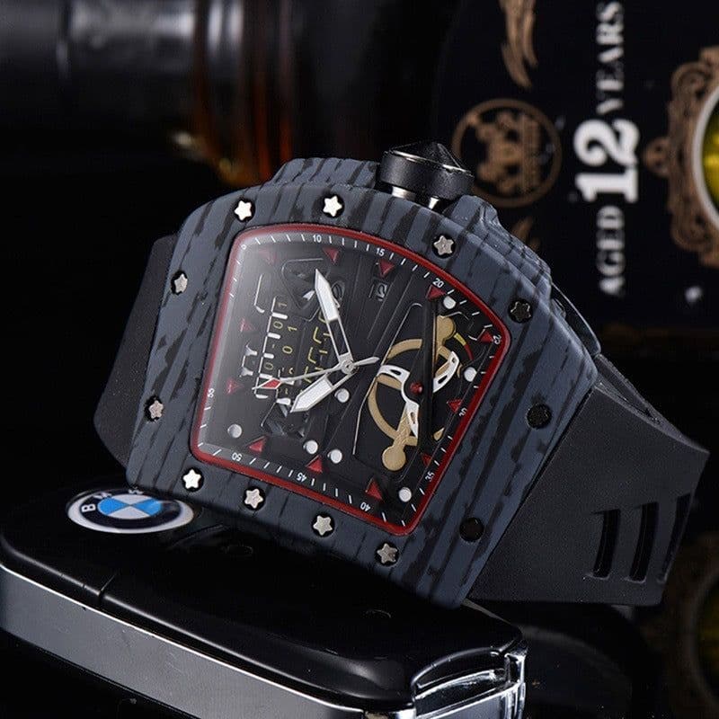 image-Knife Hollow Carbon Brazed Silicone Band Quartz Men's Watch