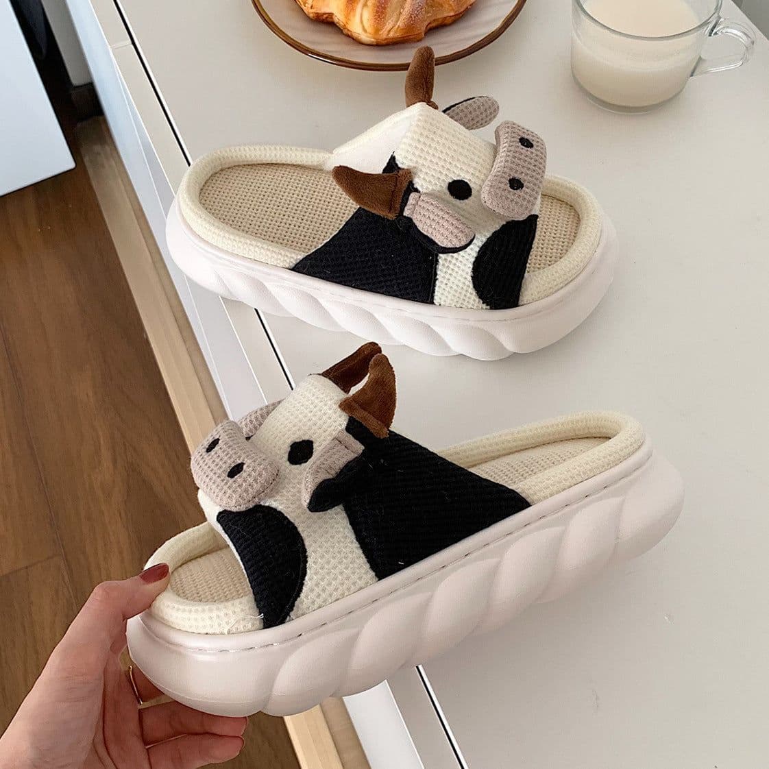 image-Cotton And Linen Cute Cartoon Dairy Cattle Mute Linen Slippers