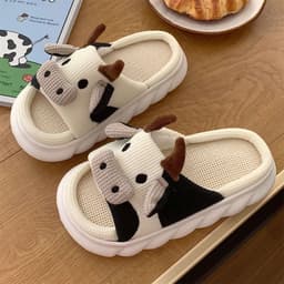 image-Cotton And Linen Cute Cartoon Dairy Cattle Mute Linen Slippers