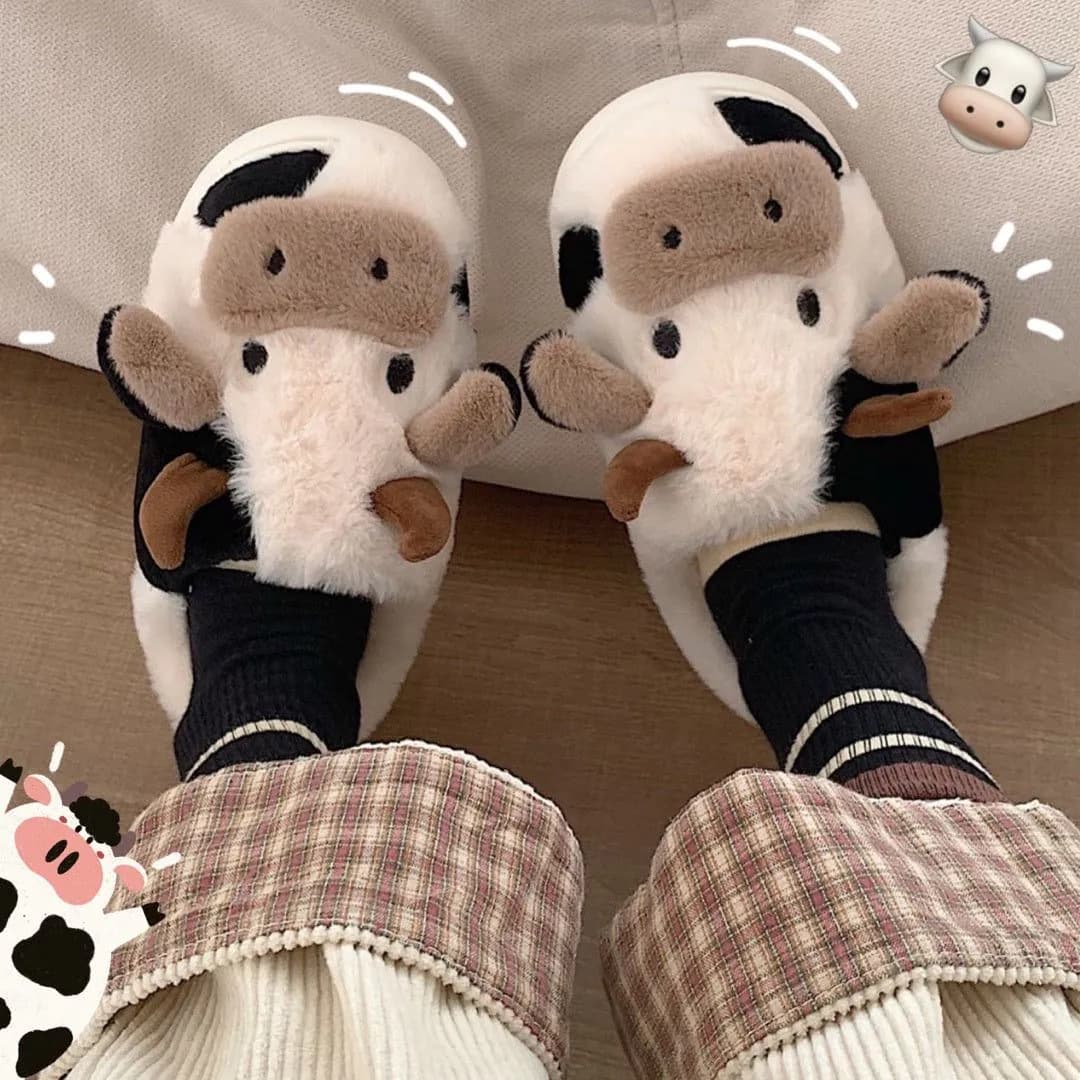 image-Cute Cow Animal Slipper For Women Girls Fashion Kawaii Soft Fluffy Winter Warm Slippers Woman Cartoon Milk Cow House Slippers Funny Shoes