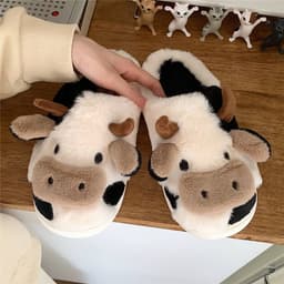 image-Cute Cow Animal Slipper For Women Girls Fashion Kawaii Soft Fluffy Winter Warm Slippers Woman Cartoon Milk Cow House Slippers Funny Shoes