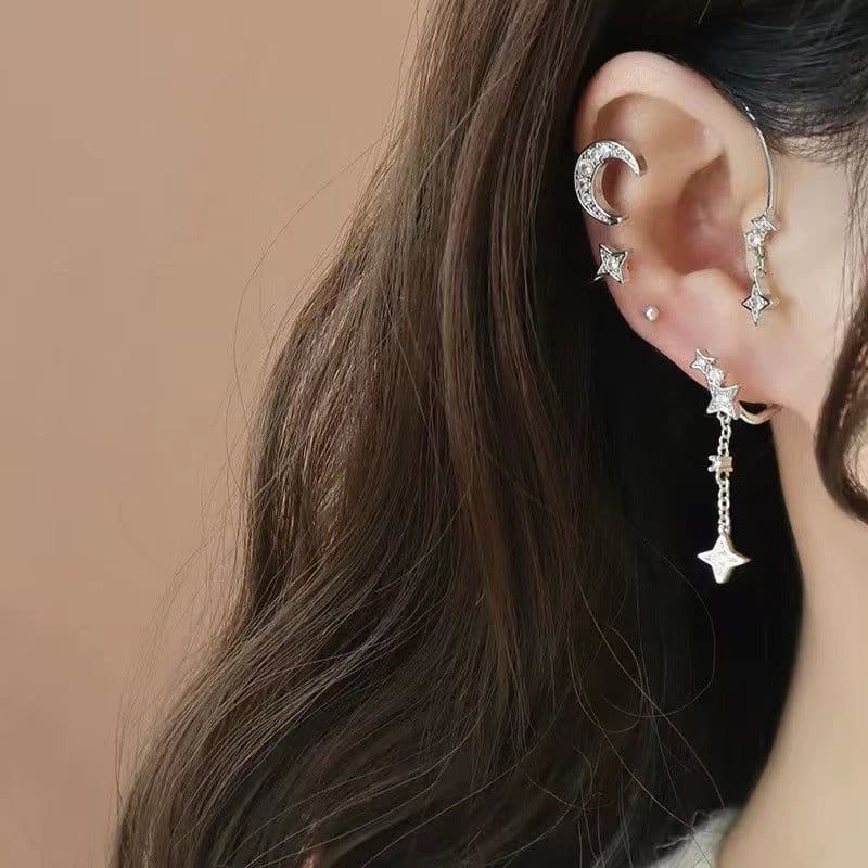 image-Moon Splash Star River Design Super Fairy Star Moon Ear Clip Ear Hanging Japanese And Korean Girl No Pierced Cold Wind Ear Rings