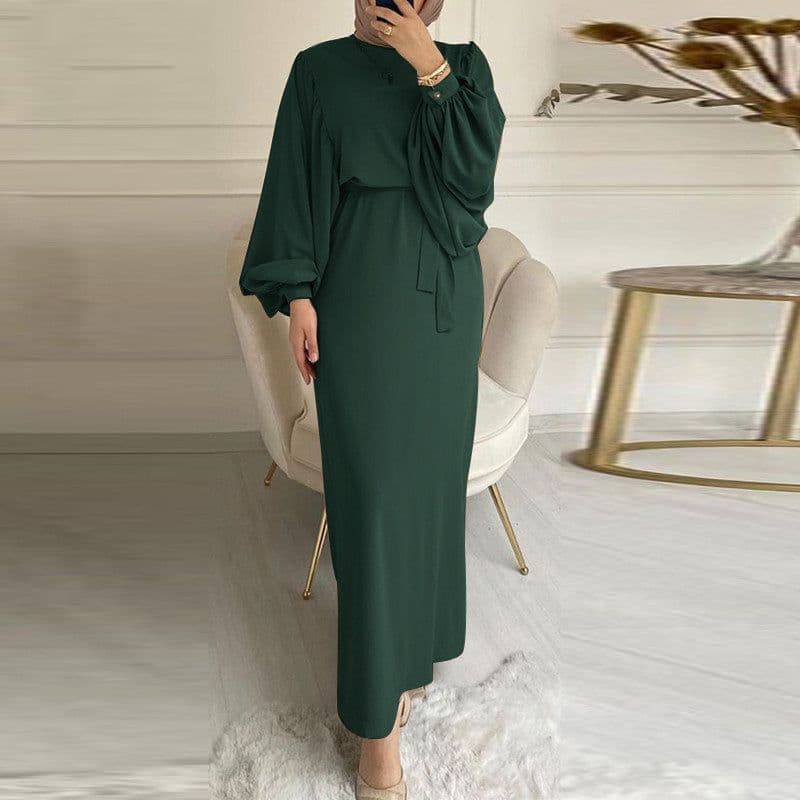 image-Solid Color Long Sleeve Casual Muslim Dress Robe Robe Dress