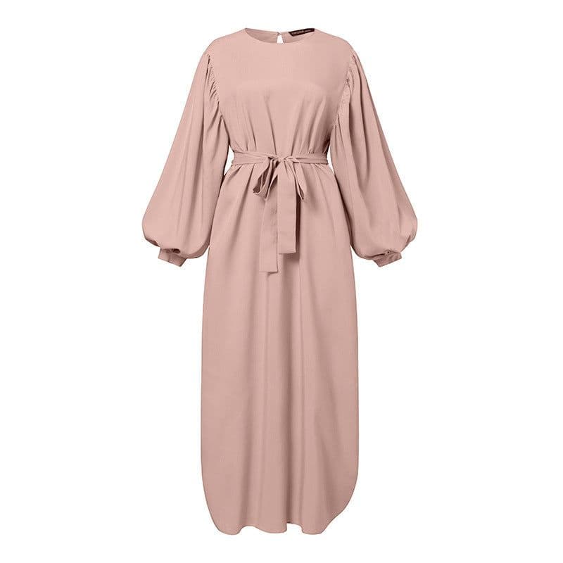image-Solid Color Long Sleeve Casual Muslim Dress Robe Robe Dress