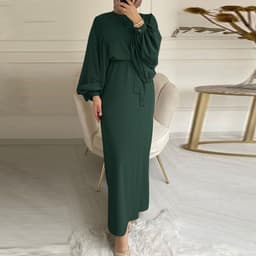 image-Solid Color Long Sleeve Casual Muslim Dress Robe Robe Dress