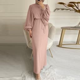 image-Solid Color Long Sleeve Casual Muslim Dress Robe Robe Dress