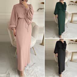 image-Solid Color Long Sleeve Casual Muslim Dress Robe Robe Dress