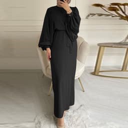 image-Solid Color Long Sleeve Casual Muslim Dress Robe Robe Dress