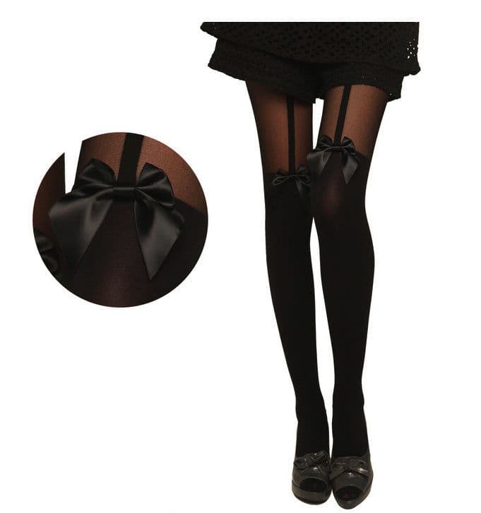 image-Women's Fashion Garter Bow Solid Color Thigh-high Stockings