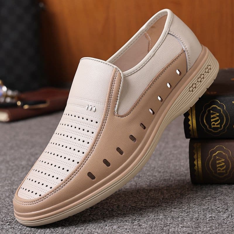 image-Men's Leather Shoes Casual Leather Shoes Hollow Soft Bottom Soft Leather Non-slip Middle-aged People's Shoes