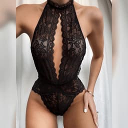 image-Bodysuit One Piece Black V-neck Lingerie