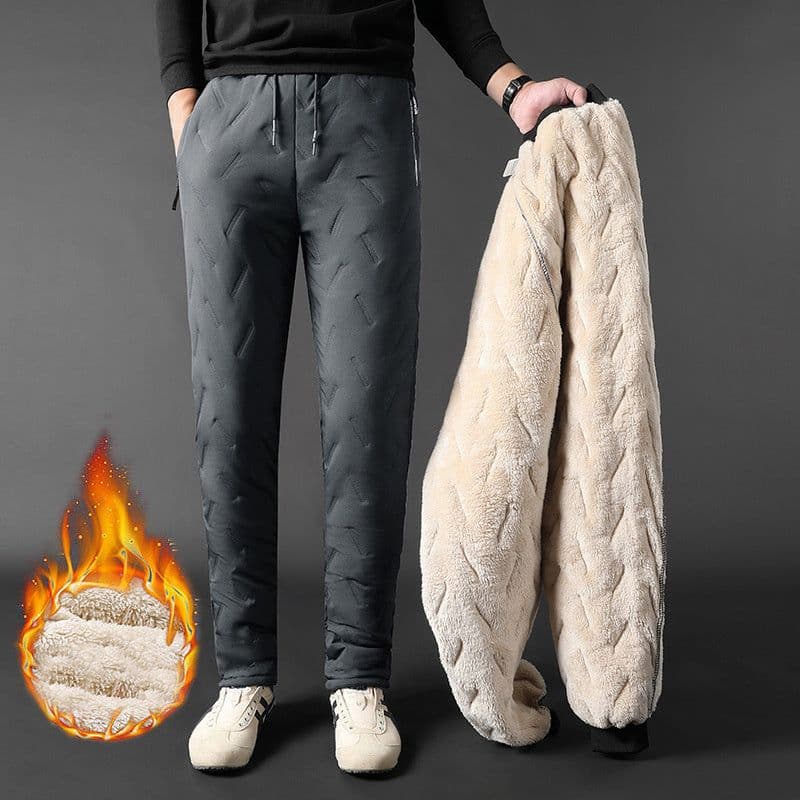 image-Men's Trousers Winter Velvet Thickening Loose Fleece Pants With Zip Pocket Large Size Windproof Warm Jogging Pants