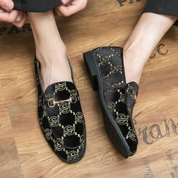 image-European And American Fashion Embroidered Loafers Men's British Style Plus Size Solid Color Horsebit Buckle Shoes