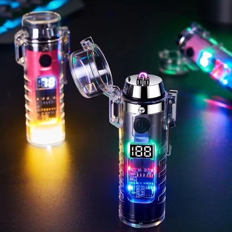 image-Transparent Shell Dual Arc USB Charging Lighter Outdoor Waterproof LED Colorful Light Power Display Illumination Light Gadgets