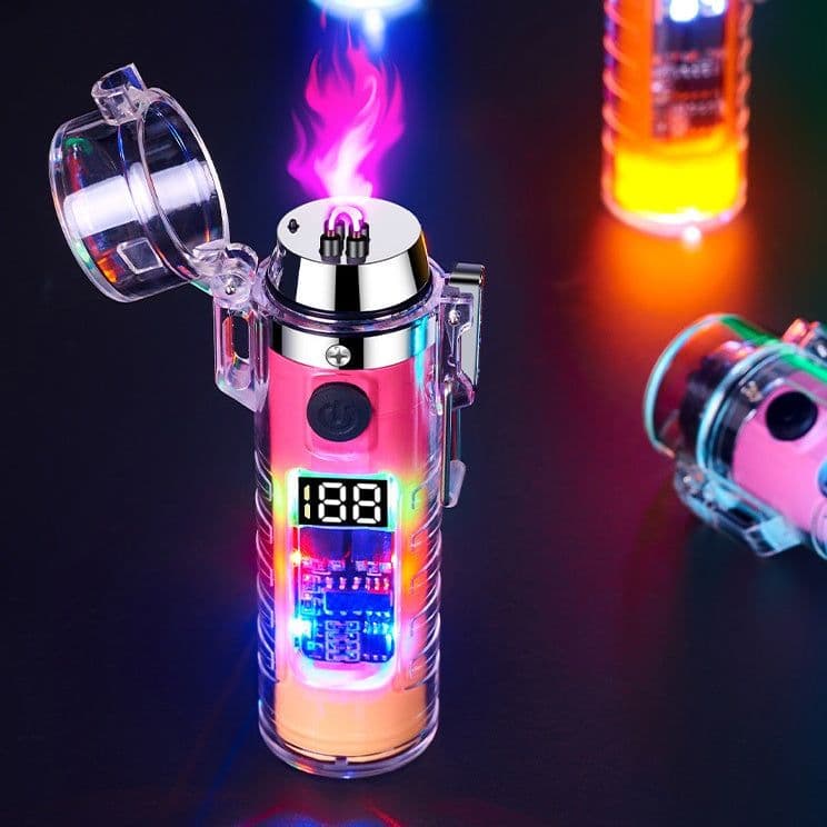 image-Transparent Shell Dual Arc USB Charging Lighter Outdoor Waterproof LED Colorful Light Power Display Illumination Light Gadgets