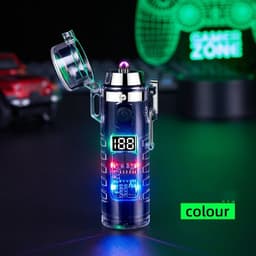 image-Transparent Shell Dual Arc USB Charging Lighter Outdoor Waterproof LED Colorful Light Power Display Illumination Light Gadgets