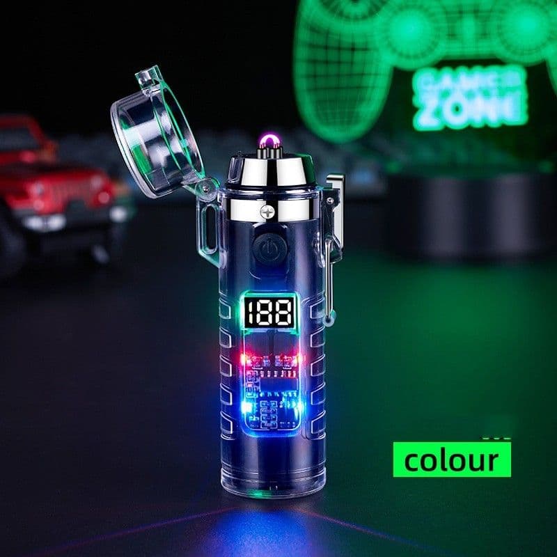 image-Transparent Shell Dual Arc USB Charging Lighter Outdoor Waterproof LED Colorful Light Power Display Illumination Light Gadgets