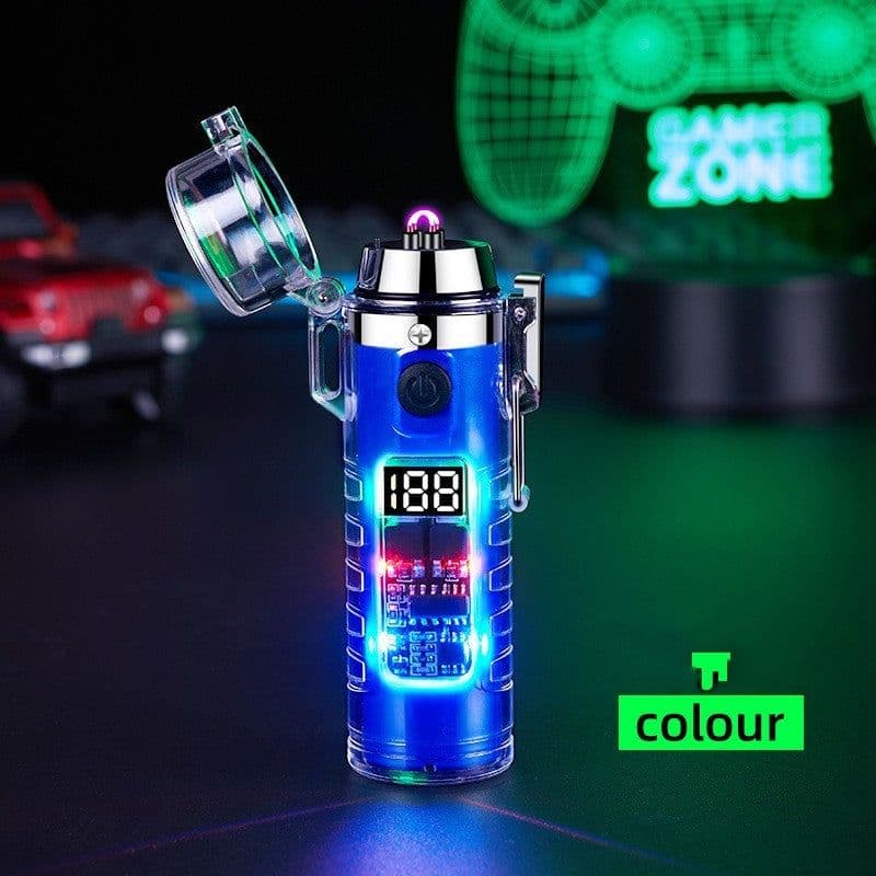 image-Transparent Shell Dual Arc USB Charging Lighter Outdoor Waterproof LED Colorful Light Power Display Illumination Light Gadgets