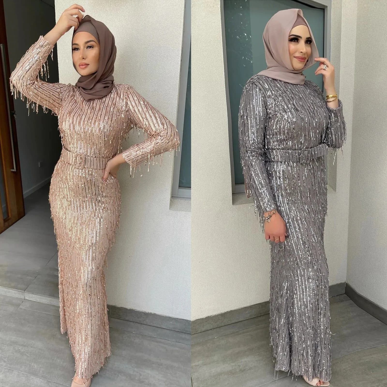 image-Sequin Tassels Slim-fit Dress Muslim Dress