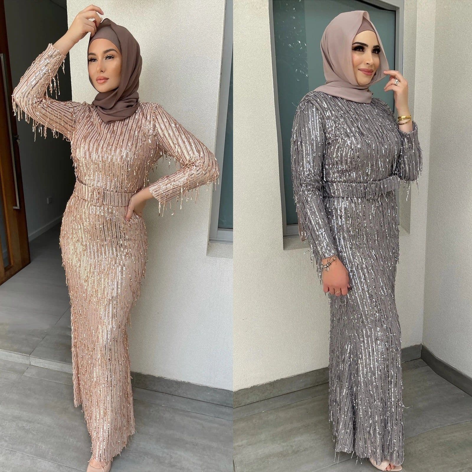 image-Sequin Tassels Slim-fit Dress Muslim Dress