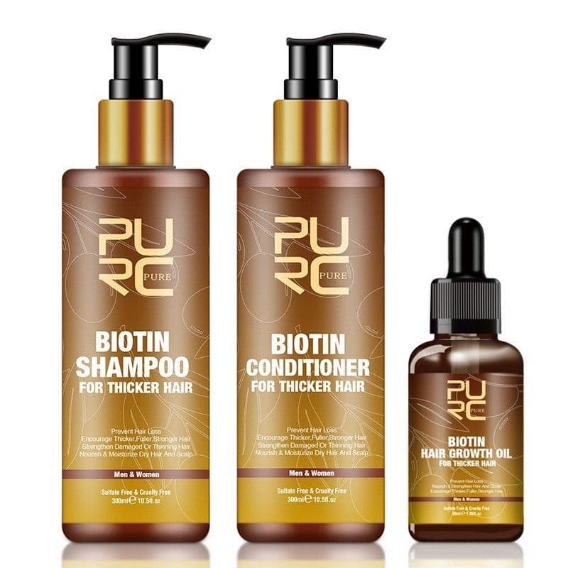 image-PURC Hair Care Ginger Biotin Three-piece Shampoo Conditioner Repair Dry And Frizz Essential Oil