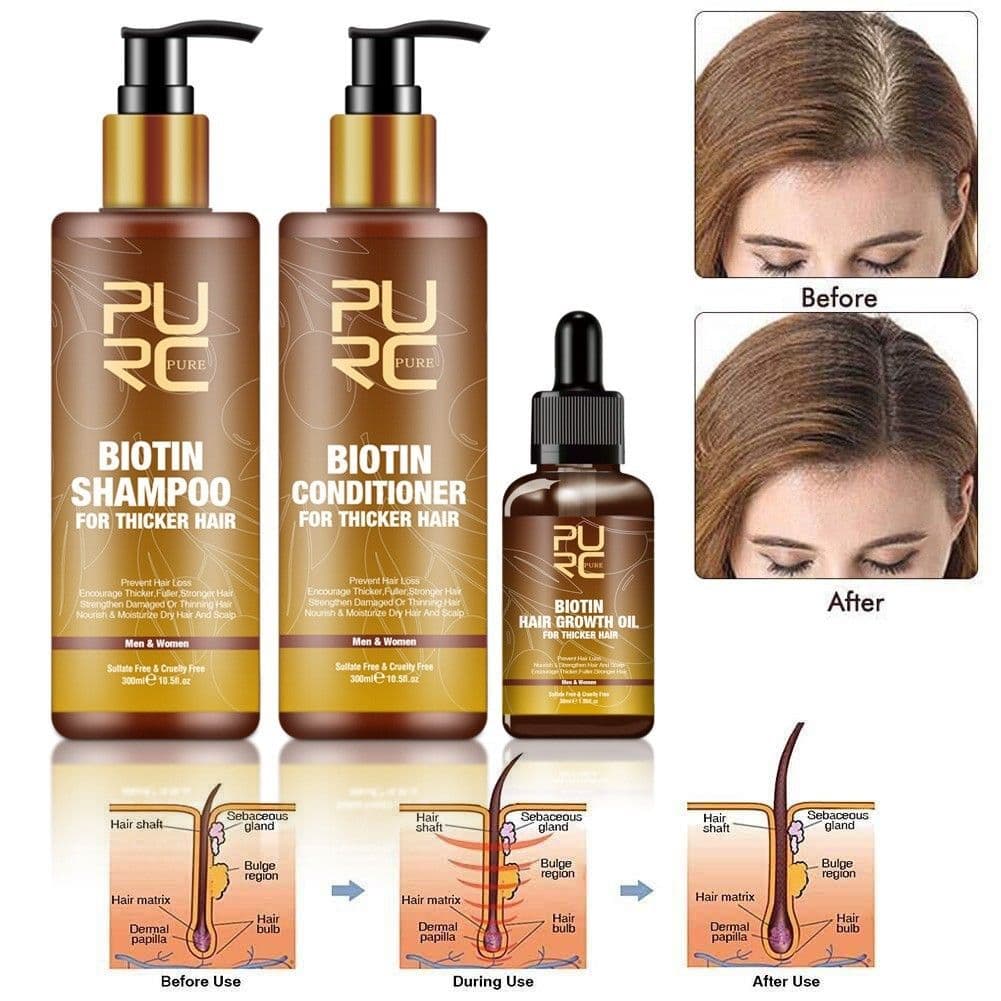 image-PURC Hair Care Ginger Biotin Three-piece Shampoo Conditioner Repair Dry And Frizz Essential Oil