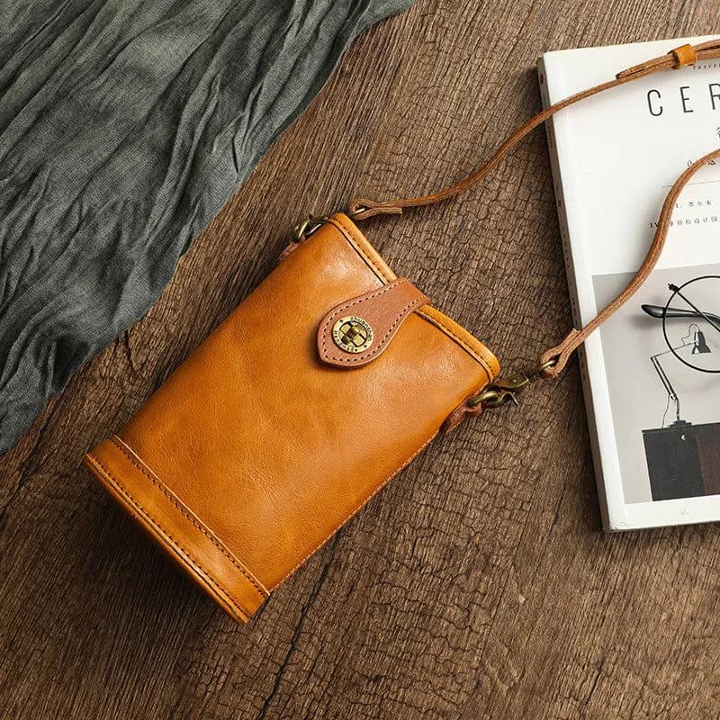 image-Original Mobile Phone Bag Vegetable Tanned Oil Wax Cowhide Round Barrel Small Bag